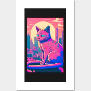 purple cat in a neon city Posters and Art